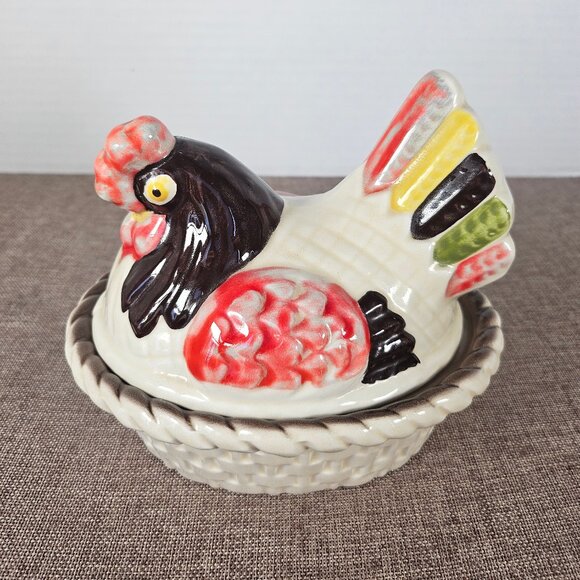 Vintage Metlox Hen On Nest Poppy Trail Pottery Vernon Red Rooster Covered Dish - Picture 1 of 12